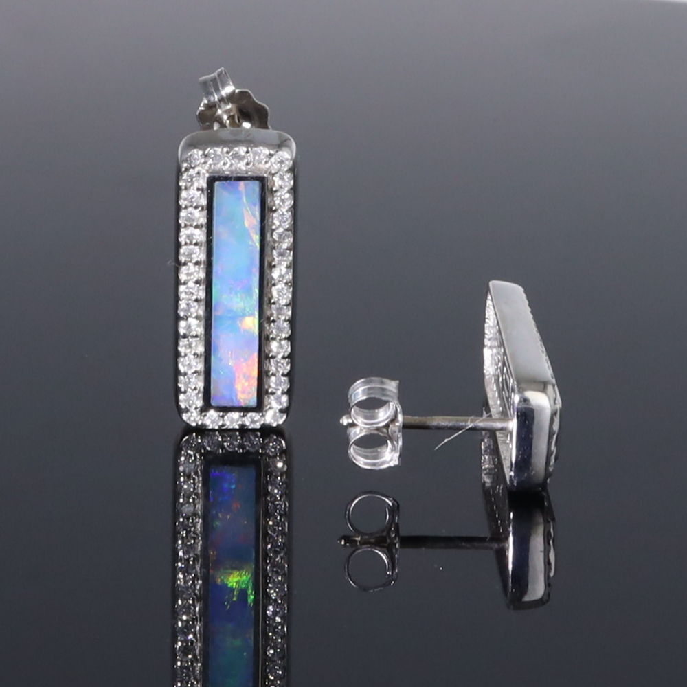 Opal Earrings Rectangle Inlaid with .50ctw Round Diamond Halo Studs