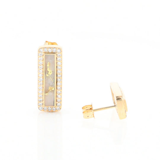 Gold Quartz Earrings Rectangle Inlaid with .50ctw Round Diamonds Halo Design - G2