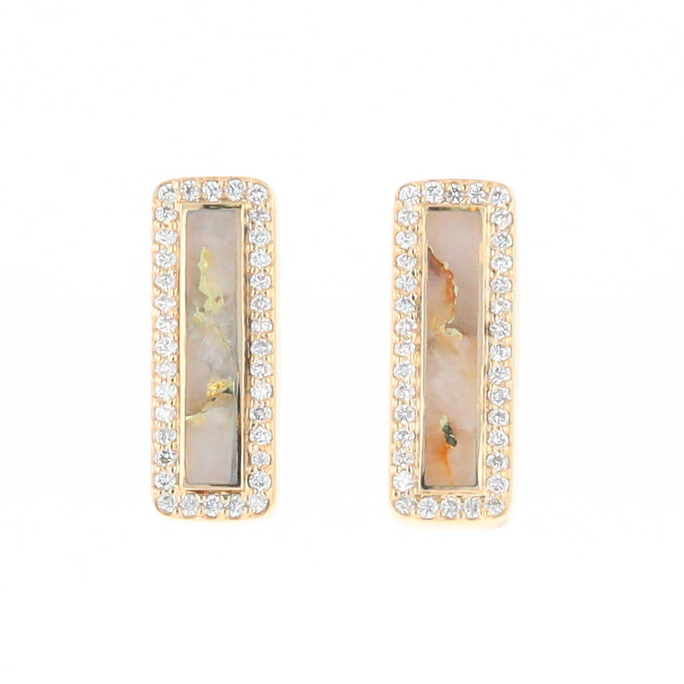 Gold Quartz Earrings Rectangle Inlaid with .50ctw Round Diamonds Halo Design - G2