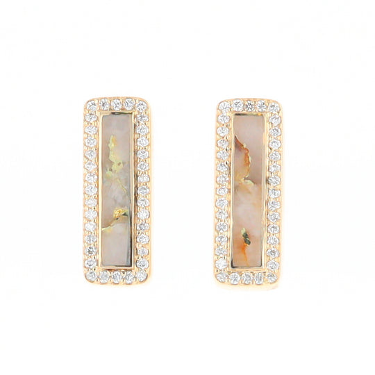 Gold Quartz Earrings Rectangle Inlaid with .50ctw Round Diamonds Halo Design - G2