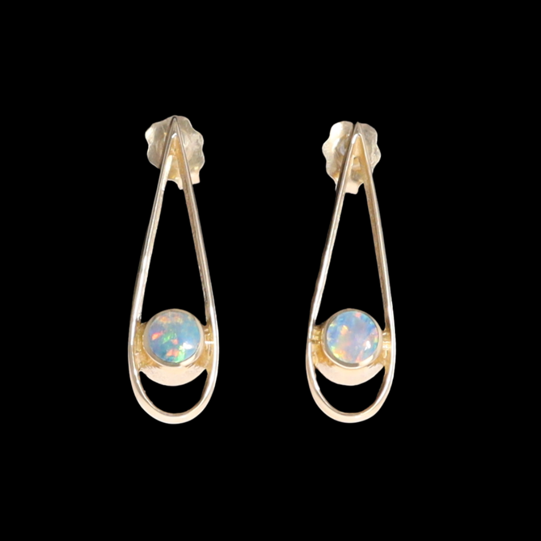 Opal Earrings Round Inlaid Open Tear Drop Design Studs