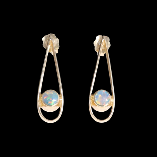 Opal Earrings Round Inlaid Open Tear Drop Design Studs