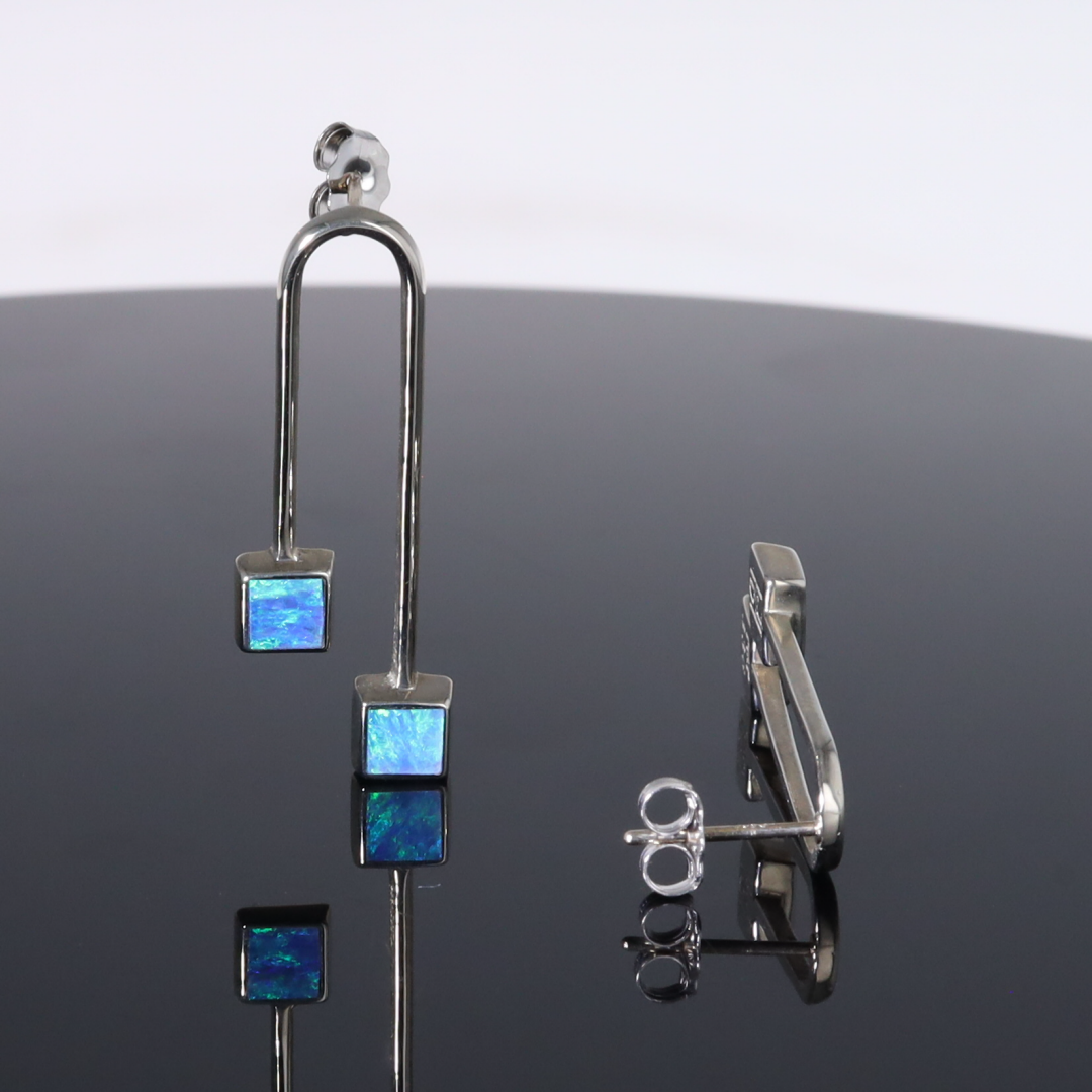 Opal Earrings Curved Bar Double Square Inlaid Ends Design Studs