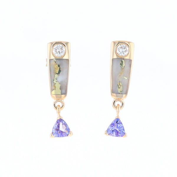 Gold Quartz Earrings Rectangle Inlaid Design with 0.11ct Diamonds & Trillion Cut Tanzanite