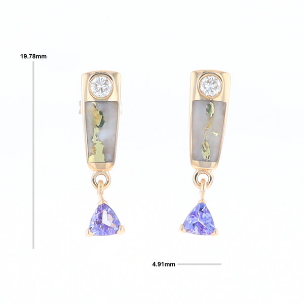 Gold Quartz Earrings Rectangle Inlaid Design with 0.11ct Diamonds & Trillion Cut Tanzanite