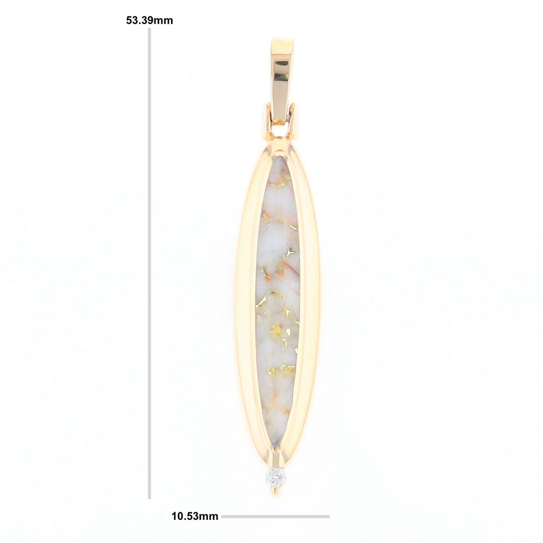 Gold Quartz Necklace Long Oval Inlaid Pendant with .05ct Diamond