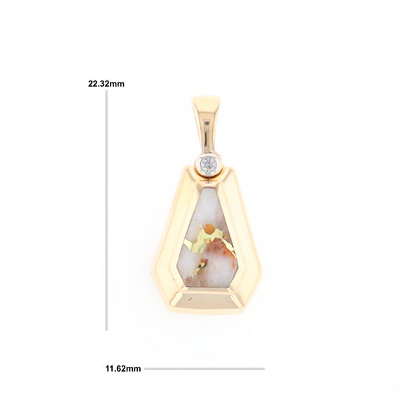 Gold Quartz Necklace, Triangle Inlaid with .02ctw Diamond Pendant