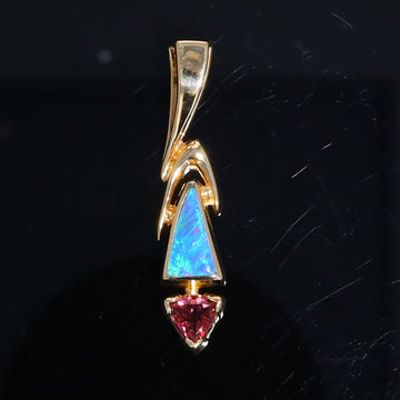 Opal Pendant Triangle Inlaid Design with Trillion Cut Tourmaline