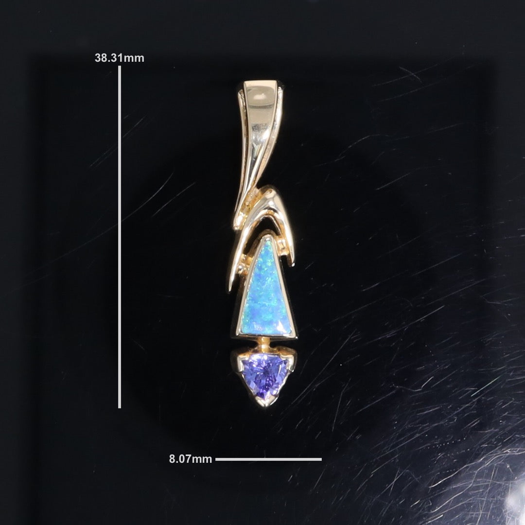 Opal Pendant Triangle Inlaid Design with Trillion Cut Tanzanite