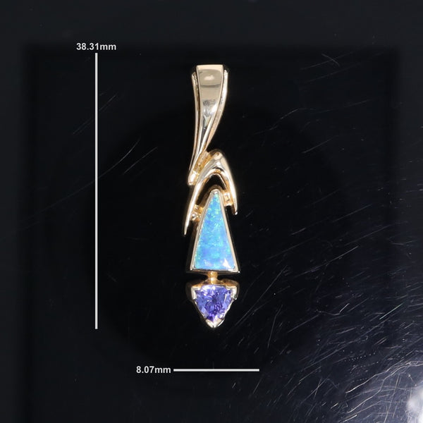 Opal Pendant Triangle Inlaid Design with Trillion Cut Tanzanite