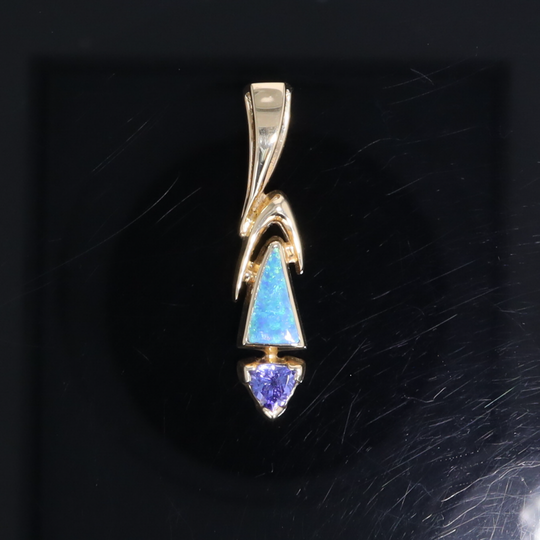 Opal Pendant Triangle Inlaid Design with Trillion Cut Tanzanite