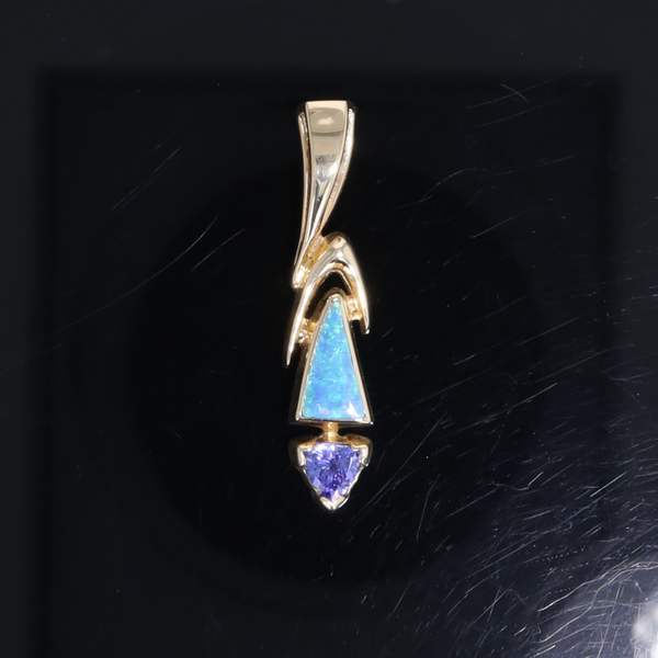 Opal Pendant Triangle Inlaid Design with Trillion Cut Tanzanite