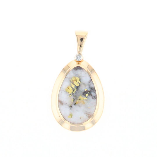 Gold Quartz Necklace Pear Shape Inlaid Pendant with .02ct Diamond