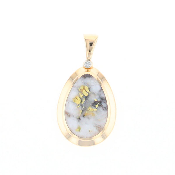 Gold Quartz Necklace Pear Shape Inlaid Pendant with .02ct Diamond