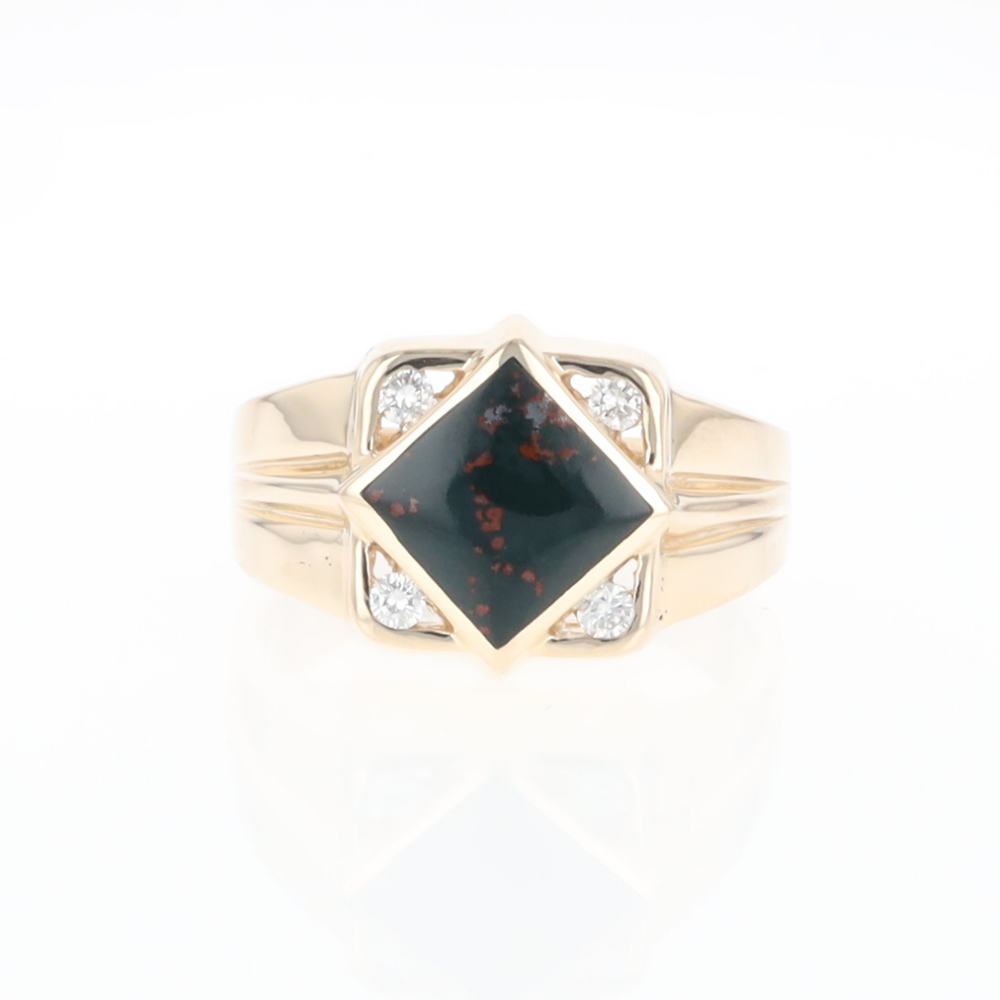 Bloodstone Ring Diamond Shape Inlaid with .16ctw Round Diamonds