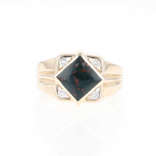 Bloodstone Ring Diamond Shape Inlaid with .16ctw Round Diamonds