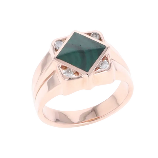 Natural Malachite ring diamond shape inlaid design with .16ctw round diamonds