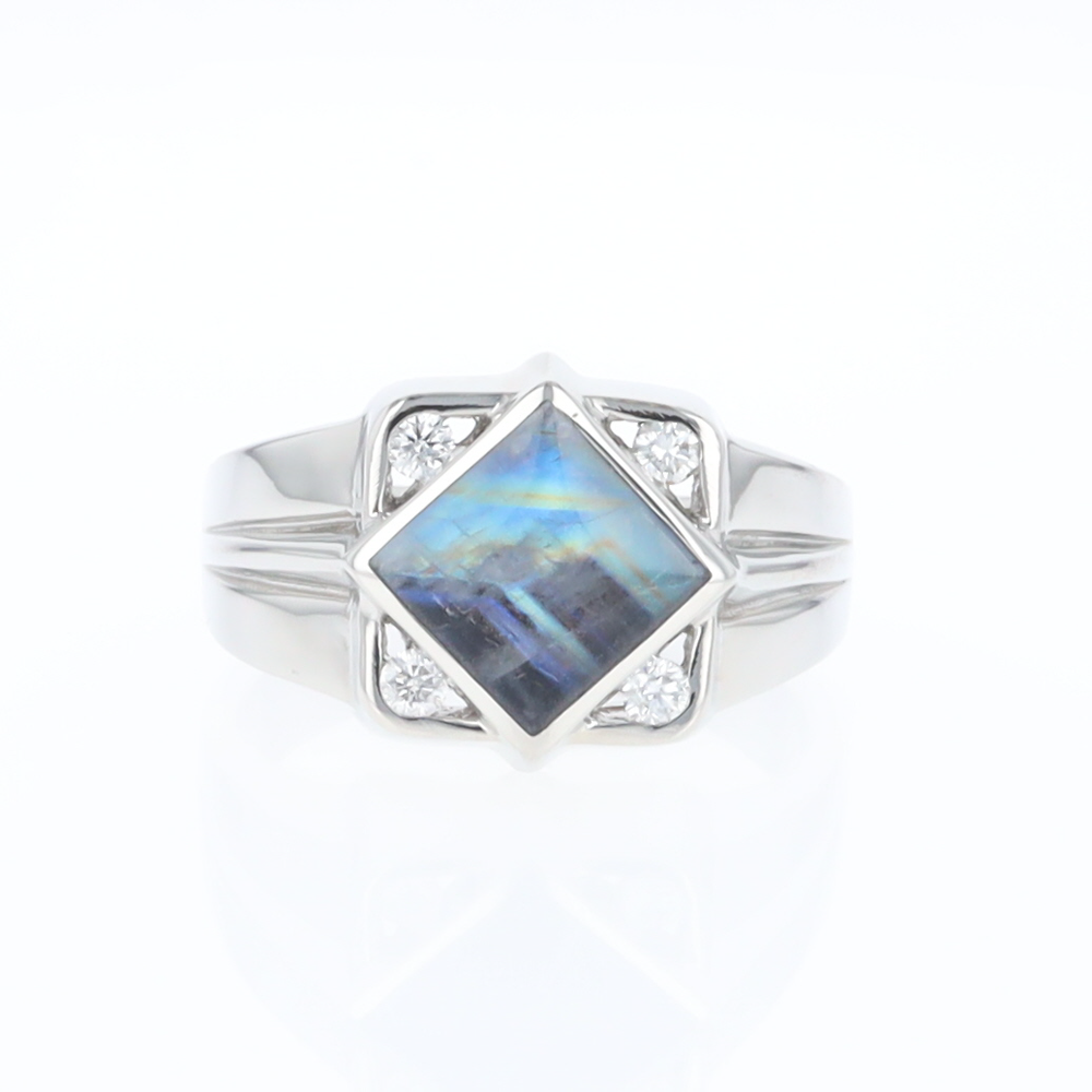 Natural Moonstone ring diamond shape inlaid design with .16ctw round diamonds