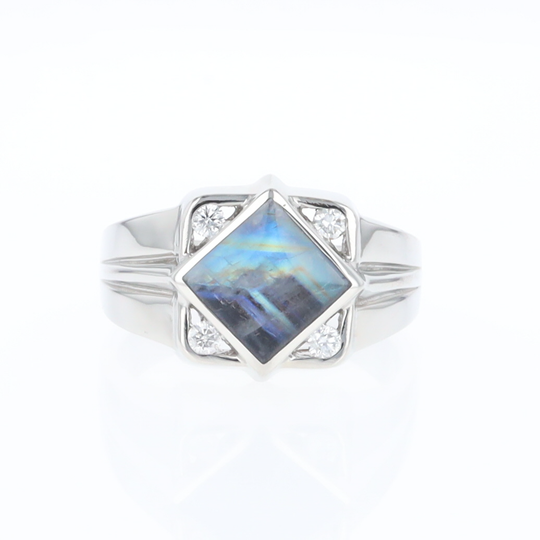 Natural Moonstone ring diamond shape inlaid design with .16ctw round diamonds
