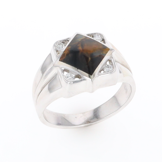 Natural pietersite ring diamond shape inlaid design with .16ctw round diamonds