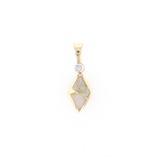 Gold Quartz Necklace Diamond Shape Inlaid Pendant with .02ct Diamond