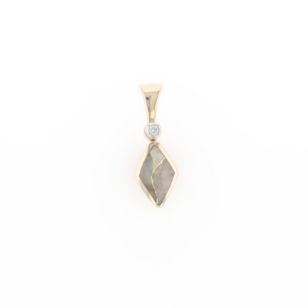 Gold Quartz Necklace Diamond Shape Inlaid Pendant with .02ct Diamond
