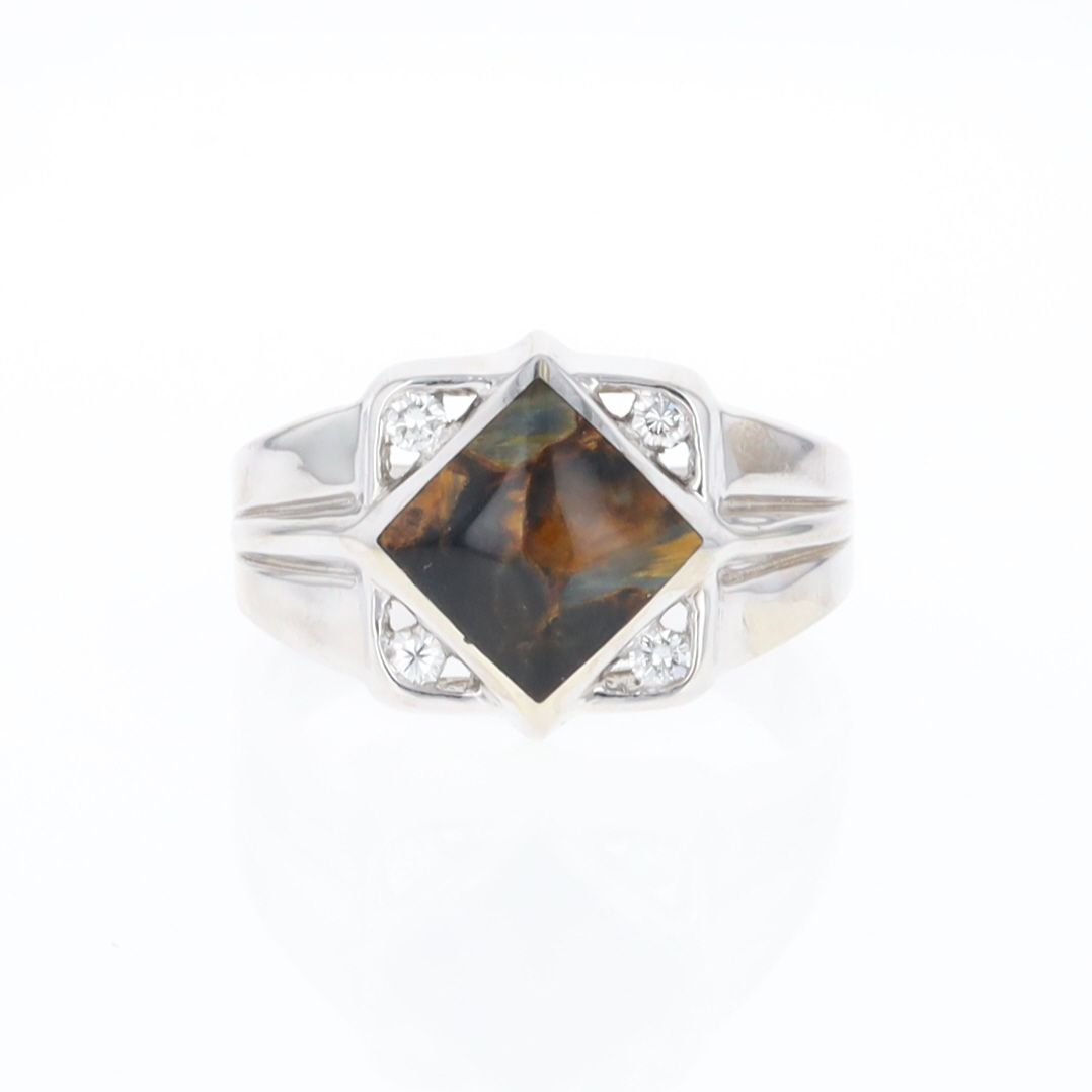 Natural pietersite ring diamond shape inlaid design with .16ctw round diamonds