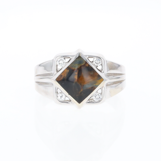 Natural pietersite ring diamond shape inlaid design with .16ctw round diamonds