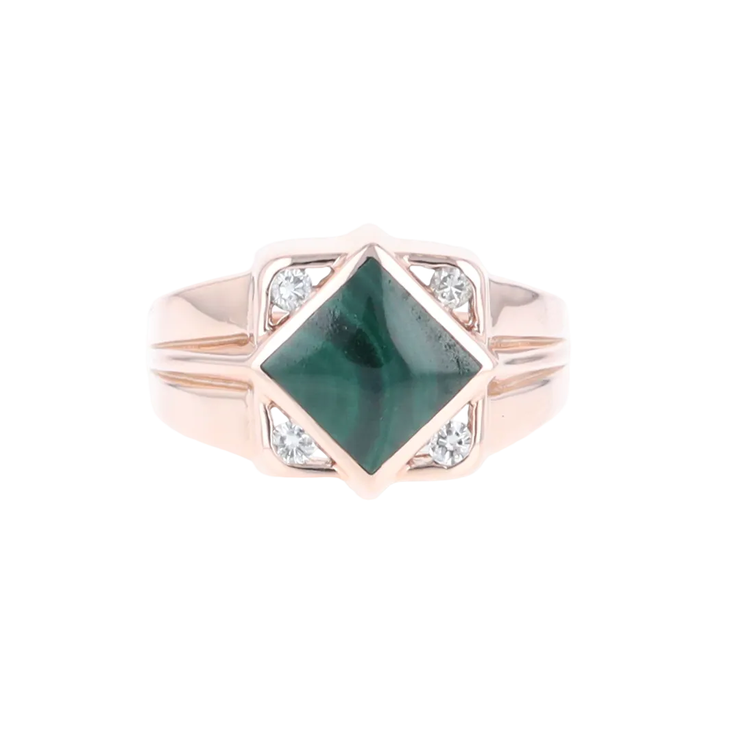 Natural Malachite ring diamond shape inlaid design with .16ctw round diamonds