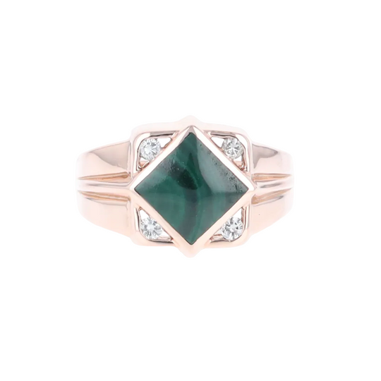 Natural Malachite ring diamond shape inlaid design with .16ctw round diamonds