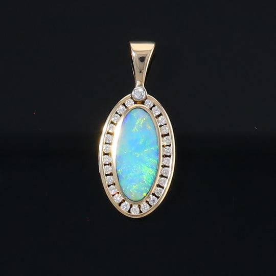 Opal Pendant Oval Inlaid Design with .37ctw Round Diamonds Halo