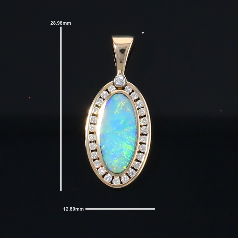 Opal Pendant Oval Inlaid Design with .37ctw Round Diamonds Halo