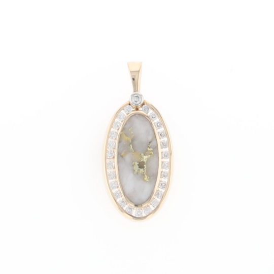 Gold Quartz Necklace .37ctw Halo Diamond Oval Inlaid Pendant