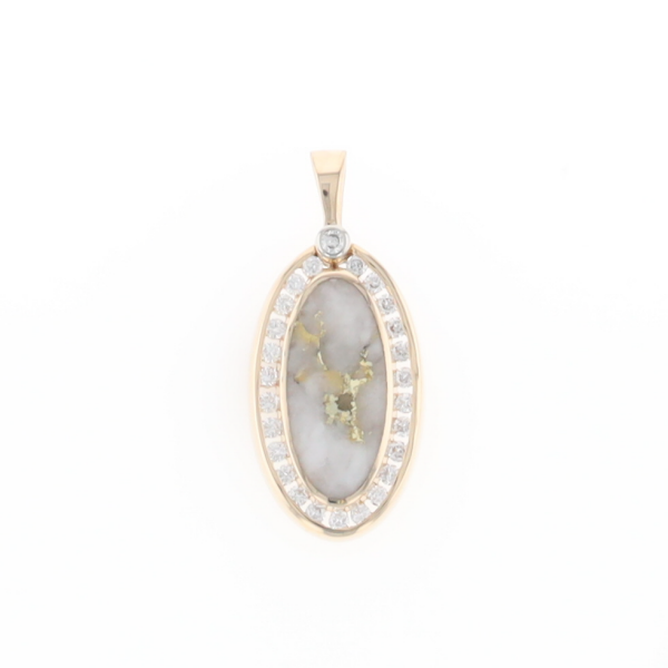Gold Quartz Necklace .37ctw Halo Diamond Oval Inlaid Pendant