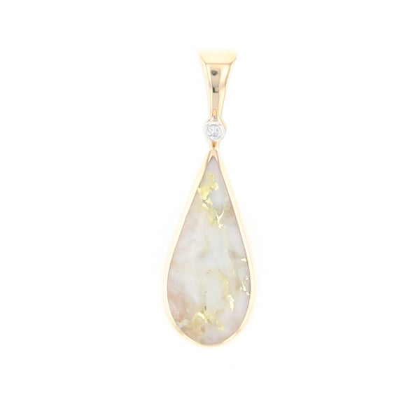 Gold Quartz Necklace Tear Drop Inlaid Pendant with .02ct Diamond