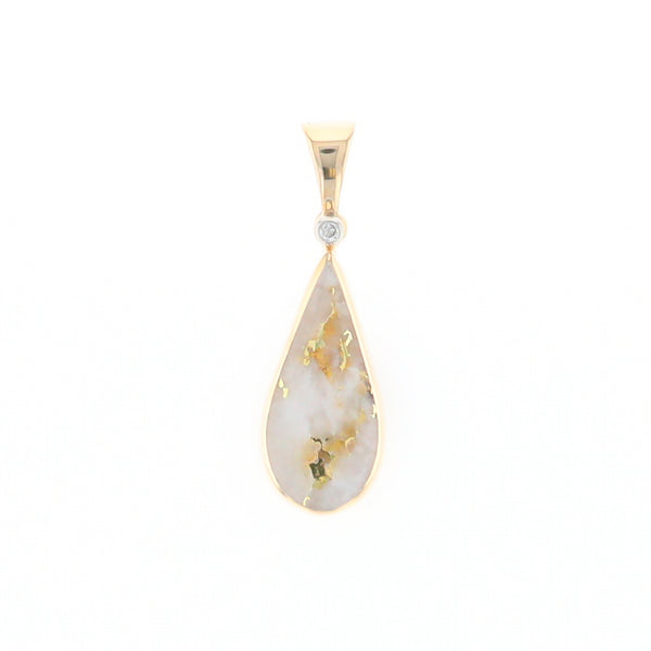 Gold Quartz Necklace Tear Drop Inlaid Pendant with .02ct Diamond