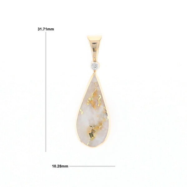 Gold Quartz Necklace Tear Drop Inlaid Pendant with .02ct Diamond