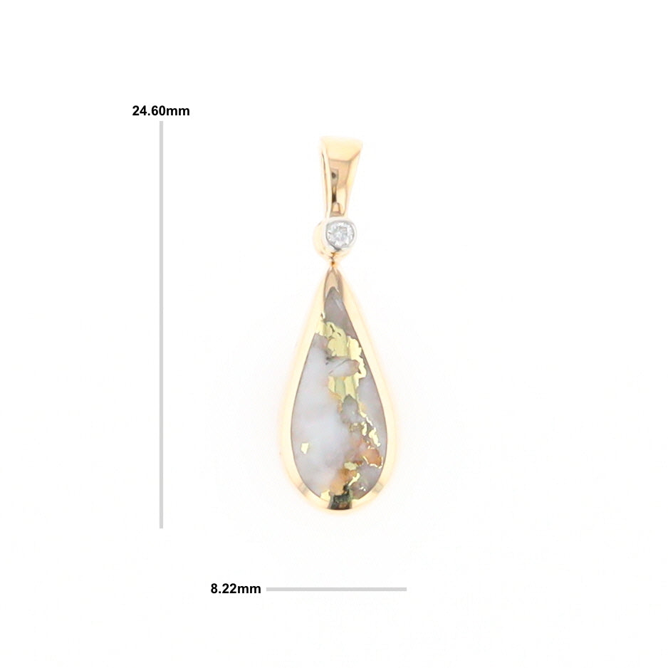 Gold Quartz Necklace Tear Drop Inlaid Pendant with .02ct Diamond