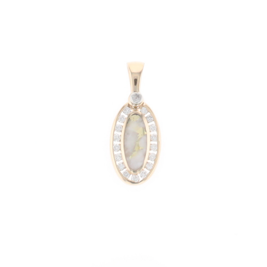 Gold Quartz Pendant Oval Inlaid with .22ctw Round Diamonds Halo (G1)