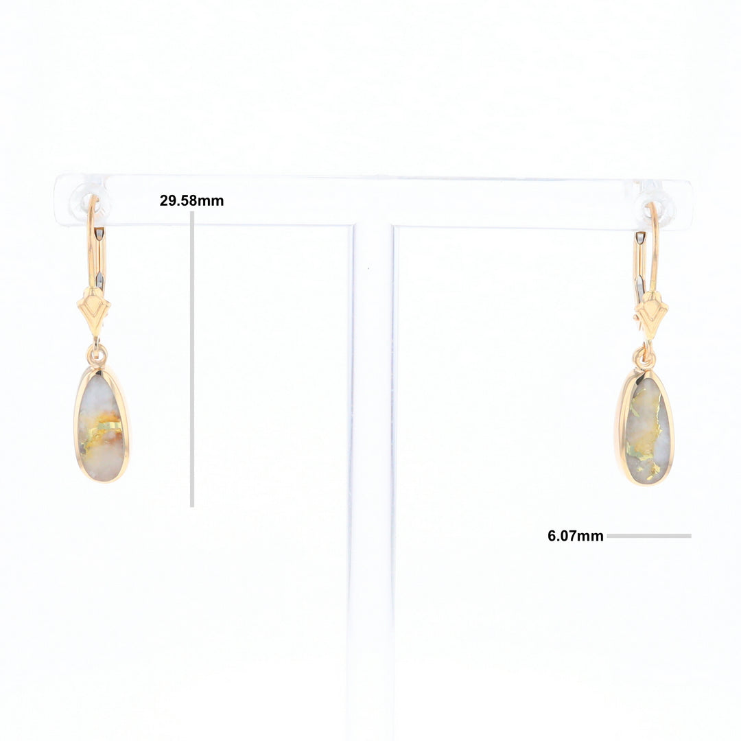 Gold Quartz Earrings Tear Drop Inlaid Lever Backs