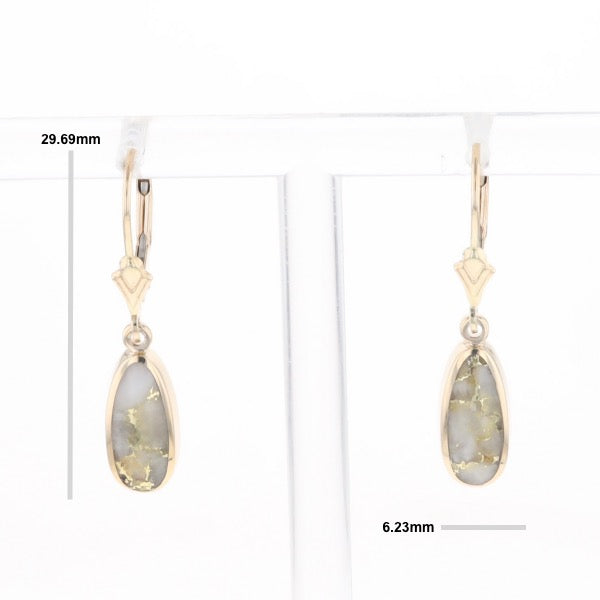 Gold Quartz Earrings Tear Drop Inlaid Lever Backs