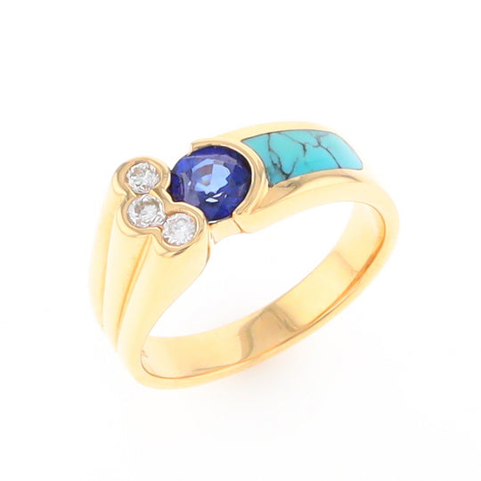 Turquoise Inlaid Ring with Sapphire and 0.23ctw Diamonds