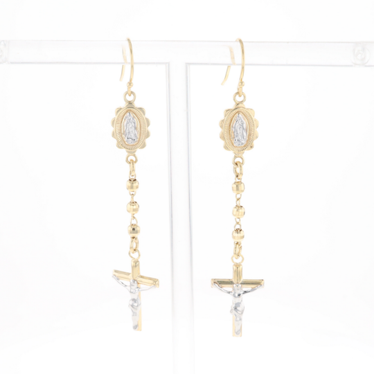 Gold Plated Virgin Mary and Crucifix Dangle Earrings