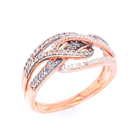 Bypass Crossover Row Ring with Chocolate, White, and Blue Diamonds in Rose Gold