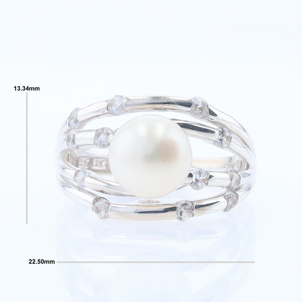 Pearl Bamboo Ring with Cubic Zirconia Accents