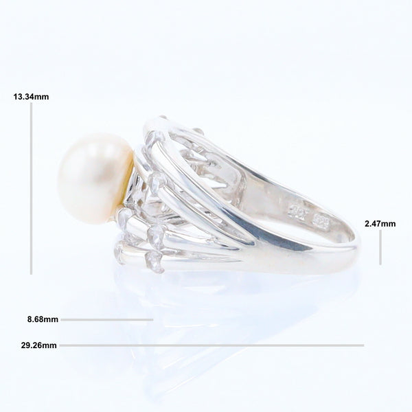 Pearl Bamboo Ring with Cubic Zirconia Accents