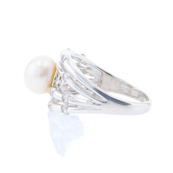 Pearl Bamboo Ring with Cubic Zirconia Accents