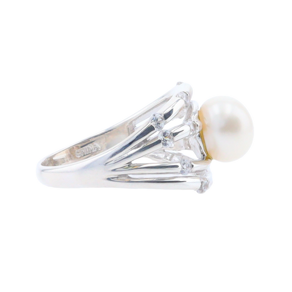 Pearl Bamboo Ring with Cubic Zirconia Accents