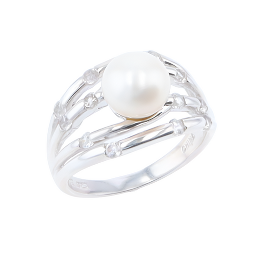 Pearl Bamboo Ring with Cubic Zirconia Accents