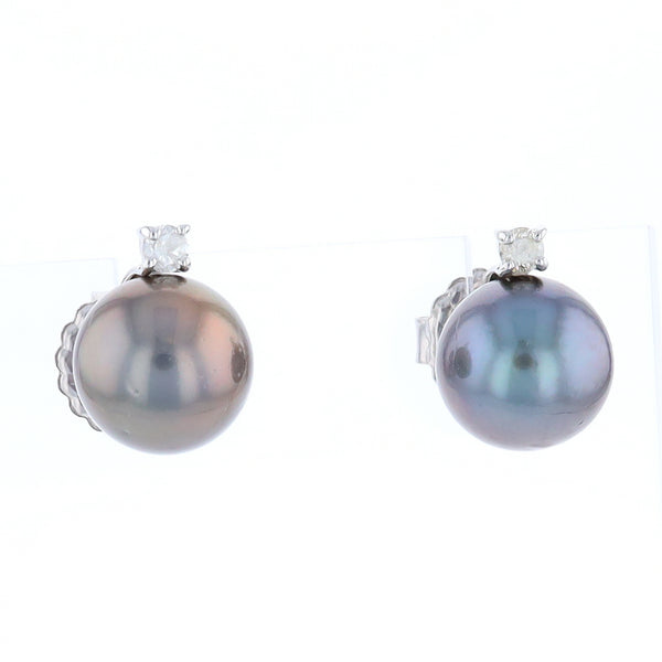 Cultured Gray Pearl Stud White Gold Earrings with Diamond Accent